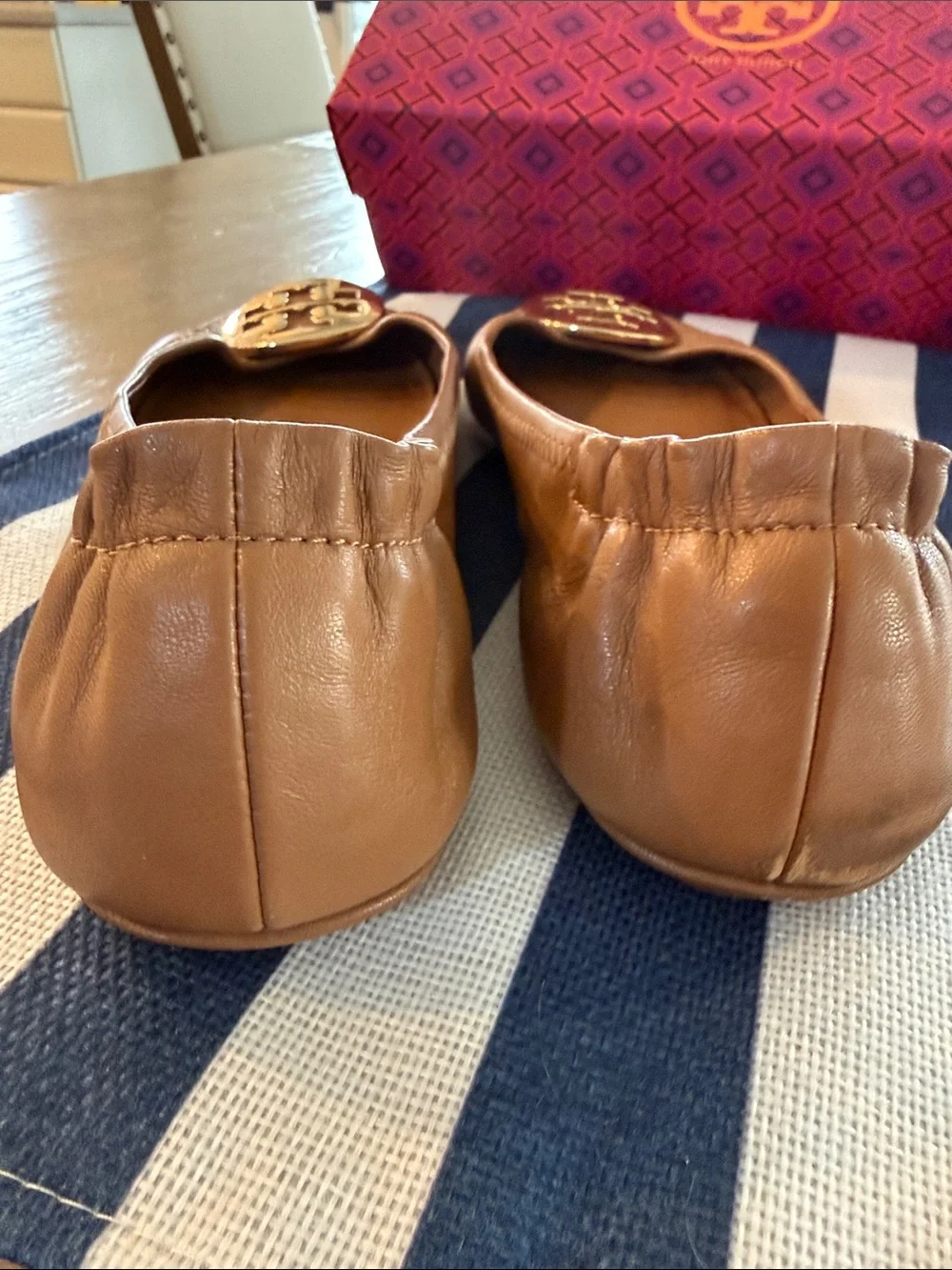 Tory Burch Royal Tan/Gold Leather Ballet Flats with Gold Logo Medallions